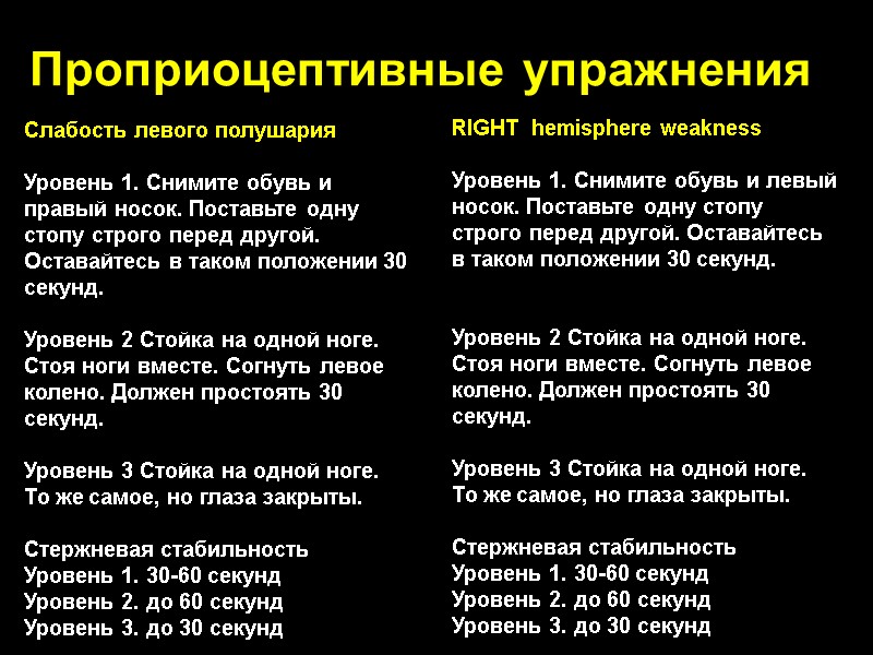 Проприоцептивные упражнения Слабость левого полушария  Уровень 1. Снимите обувь и правый носок. Поставьте